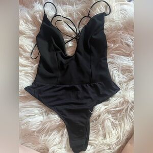 Lulus Black Plunge Hidden Zip One-Piece Bodysuit Size Small
